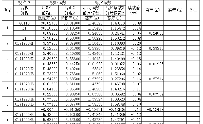 电子水准测量记录手簿