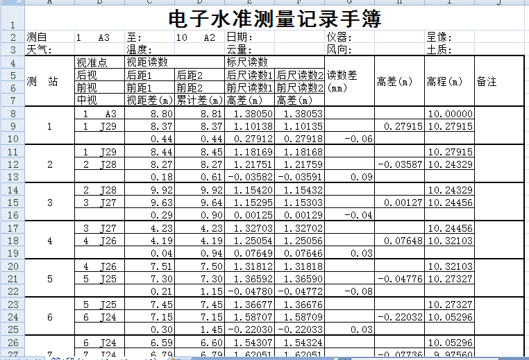 生成的电子水准测量记录手簿